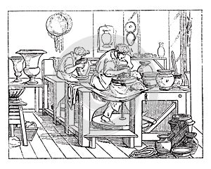 Turner or thrower`s shop in porcelain work, vintage engraving