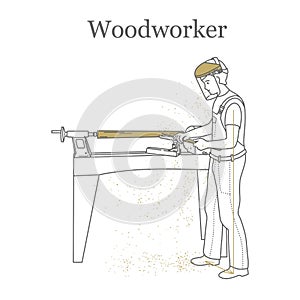 Turner works behind a lathe, processes a wooden bar.
