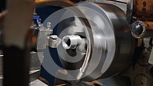 Turning bench lathe machine working - closeup