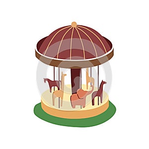 Turning carrousel in amusement park. Merry go round, roundabout. Kid\'s horse carousel, attraction on funfair. Outdoor