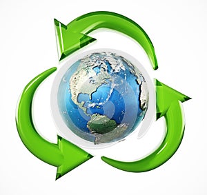 Turning green arrows around the earth form recycling symbol. 3D illustration