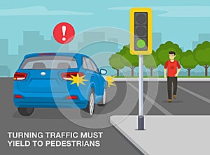 Turning traffic must yield to pedestrians. Young male character crossing the street at traffic light.