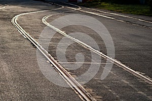 Turning tram rails on the road in the city