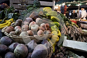 Turnips, beets, broccoli, carrots, potatoes on the shelves at Borough Market