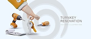 Turnkey renovation. Realistic tools, drawing, hand holding bunch of keys