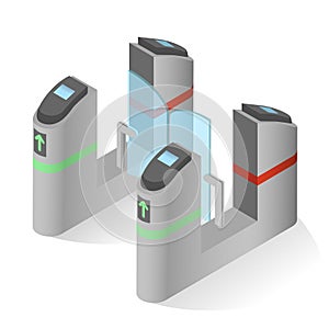 Turnstile, buffle or automated gate. One-way human traffic isometric realistic illustration.