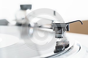 Turntable black vinyl Headshell Cartridge closeup