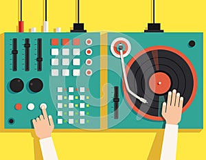 Turntable with dj hands. Vector flat illustration