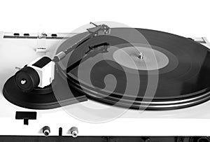 Turntable in gray case rear view isolated