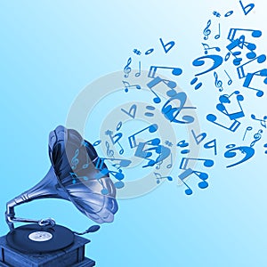 A turntable with musical notes floating with blue background