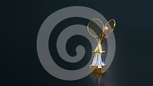 Turntable of a Shiny Tennis Gold Trophy with Racket and Ball on a Dark blue background