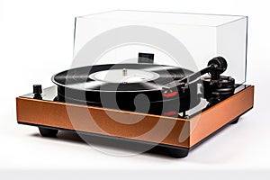 turntable with spinning vinyl record, stylus and dust cover