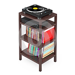 Turntable Vinyl Record Player, HIFI Stereo Mixer Amplifier and Syack of Old Vinyl Record Disk with Wooden Rack Storage Stand. 3d