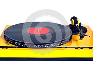 Turntable in yellow case front view isolated