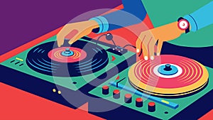 The turntables spin beneath the DJs practiced hands the rhythmic scratching adding an electric energy to the atmosphere