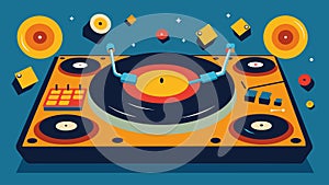 The turntables spin wildly as the DJ masterfully juggles between records creating a unique and captivating mix that photo