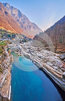 Turqoise waters of Verzasca River, Lavertezzo, Valle Verzasca, Switzerland