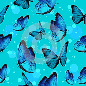 Turquise butterflies and blue bubbles on background flying. Seamless pattern, repetitive pattern for spring and summer insects