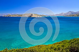 Turquise water of Mirabello bay at the coastline of Crete, Greece