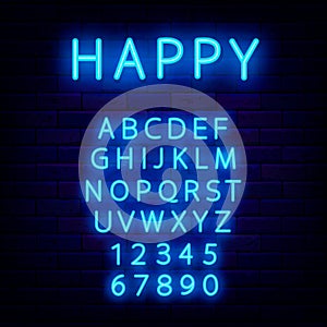 Turquoise alphabet. Night brick wall background. Happy inscription. Shiny abc for text. Vector stock illustration