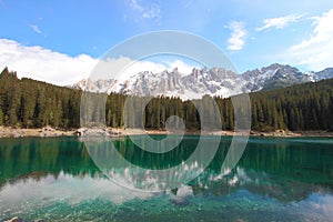 Turquoise alpine lake Carezza
