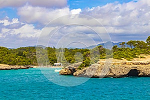 Turquoise beach bay Cala Mondrago Samarador Mallorca Balearic Islands Spain.