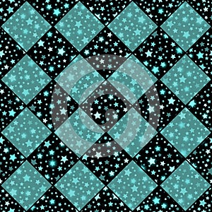 Turquoise and black vector seamless chess styled vintage texture with clove flowers and shining rounds