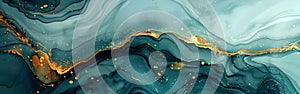 Turquoise Blossom: Marbled Ink Painting with Gold Lines on White - Abstract Watercolor Texture Banner