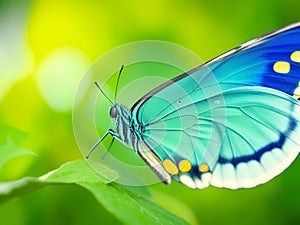 Turquoise and blue butterfly on a green leaf in a close up view