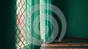 Turquoise blue curtain drape in sunlight window grill. Generative ai