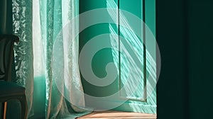 Turquoise blue curtain drape in sunlight window grill. Generative ai