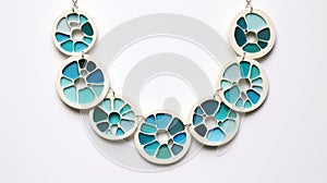 Turquoise Blue Glass Circle Necklace With Wood Veneer Mosaic Design