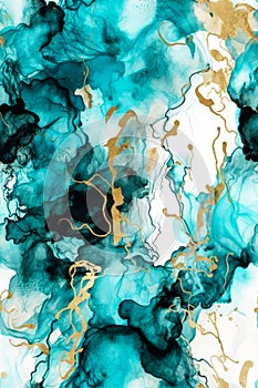 Turquoise blue and gold color alcohol ink seamless pattern. mobile wallpaper design