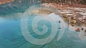 Turquoise blue mirror water with trees in the lake