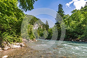 The turquoise blue mountain river Bregenzer Ach in Austria