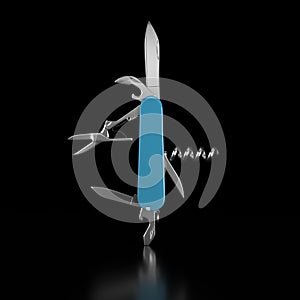 Turquoise blue Swiss Army Knife standing upright against a black background. 3D illustration