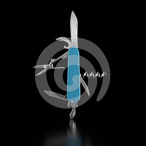 Turquoise blue Swiss Army Knife standing upright against a black background. 3D illustration photo