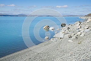 Turquoise blue water of snow feed scenic Lake Pukaiki