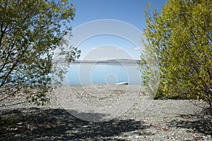 Turquoise blue water of snow feed scenic Lake Pukaki