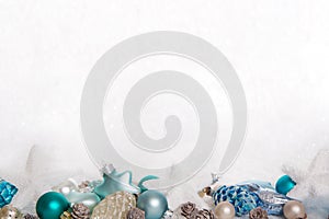 Turquoise and blue wooden snowy white christmas background with