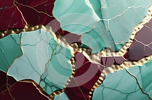 Turquoise-burgundy background with gold cracks and nuggets. Marble background