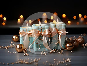 Turquoise burning candles with gold ribbons and and gold orbs stand on a light colored wooden stand on a dark background with