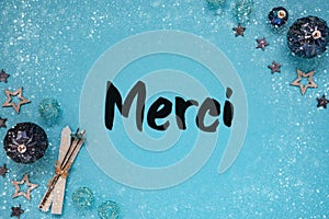 Turquoise Christmas Background, French Text Merci Means Thank You, Snowflakes