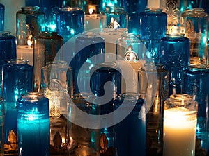 Turquoise and Clear Votive Candles in the Notre-Dame de Montreal Basilica in Old Montreal, Quebec