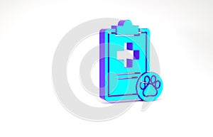 Turquoise Clipboard with medical clinical record pet icon isolated on white background. Health insurance form. Medical