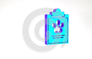 Turquoise Clipboard with medical clinical record pet icon isolated on white background. Health insurance form. Medical