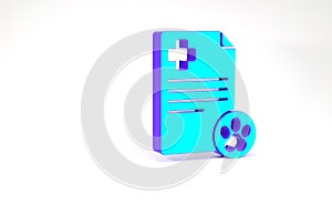 Turquoise Clipboard with medical clinical record pet icon isolated on white background. Health insurance form. Medical