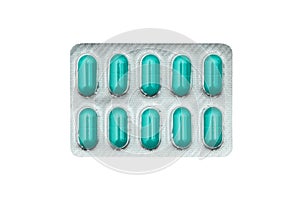 Turquoise color pills isolated on white background. Colored capsules for influenza, viruses and infections. The concept of