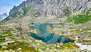 Turquoise color of water of glacial lake