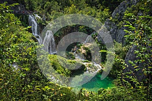 Turquoise coloured ponds and waterfalls in Plitvice Lakes